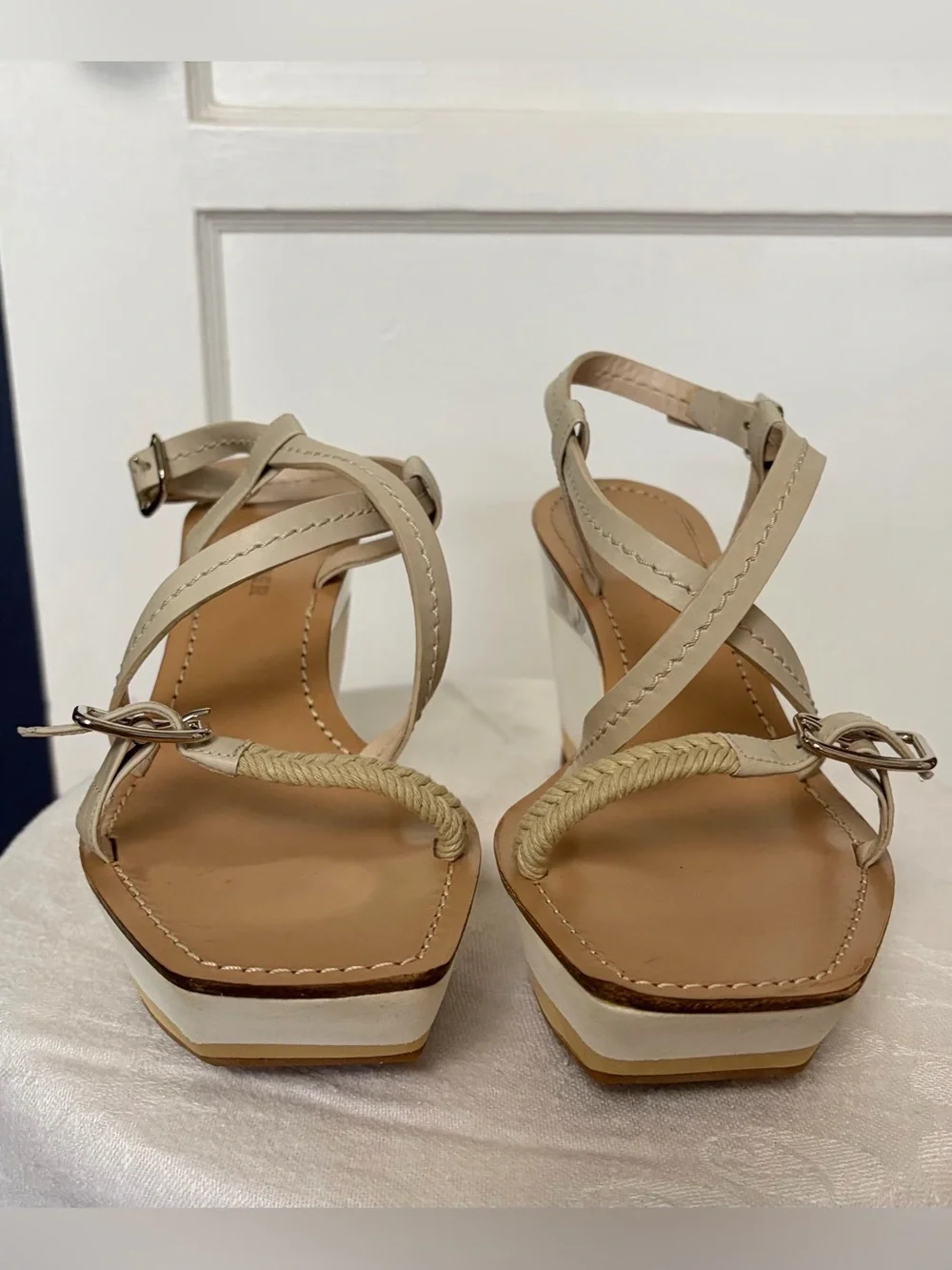 Jil Sander Strappy Leather and Rope Wedge Sandals, beige w/silver, 38, GUC